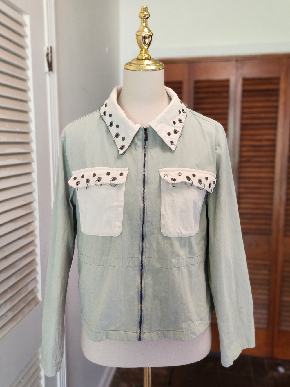 Mint Green Utility Jacket with Studded White Collar